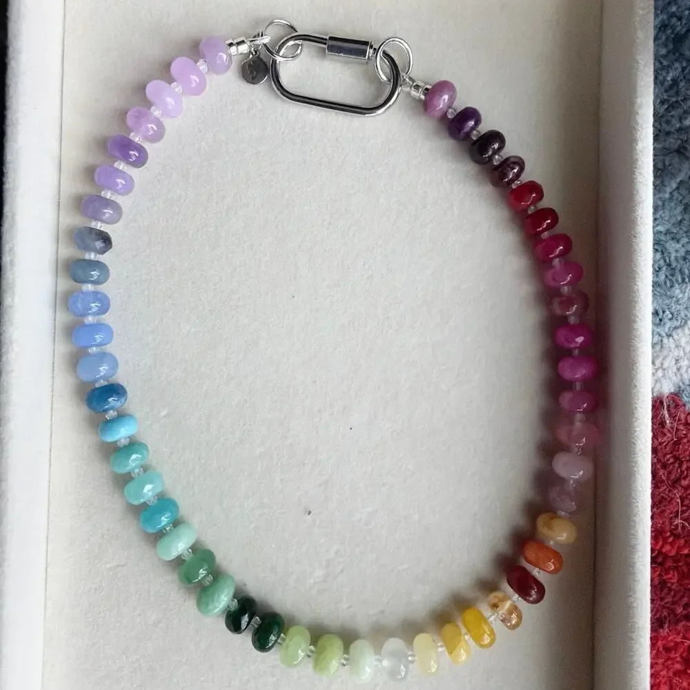 Ombre Rainbow Gemstone Necklace, Semi-Precious, Silver Tone Hardware, Almost 15